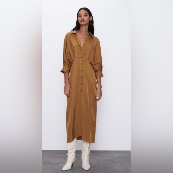 Zara NWT Women's Satin Pleated Midi Shirt Dress in Toffee (Gold) Size X-Small - Picture 1 of 12